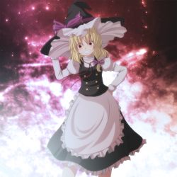 Rule 34 | 1girl, apron, bad id, bad pixiv id, blonde hair, blush, bow, female focus, grin, hair bow, hand on own hip, hat, hat bow, highres, hip focus, kirisame marisa, long hair, simple background, smile, solo, touhou, tsukishiro saika, witch, witch hat, yellow eyes