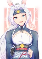 Rule 34 | 1girl, animal ears, azur lane, blue eyes, box, commentary request, gift, gift box, gloves, headband, hiryuu (azur lane), holding, japanese clothes, long hair, long sleeves, looking at viewer, ponytail, rabbit ears, smile, solo, tottoripiyo, valentine, white hair