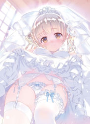 Rule 34 | 1girl, bikini, blonde hair, blue bow, blunt bangs, blush, bow, bow panties, braid, breasts, bridal veil, bride, cameltoe, closed mouth, clothes lift, cowboy shot, day, dengeki moeou, dress, dress lift, elbow gloves, frilled skirt, frills, from below, garter belt, garter straps, gloves, groin, highres, hiiragi akio, indoors, lifted by self, long hair, looking at viewer, looking down, medium breasts, original, panties, scan, side-tie bikini bottom, side-tie panties, side braid, skindentation, skirt, skirt lift, smile, solo, swimsuit, thighhighs, twintails, underwear, veil, wedding dress, white dress, white gloves, white panties, white thighhighs, window, yellow eyes