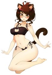 Rule 34 | 1girl, animal ear fluff, animal ears, bare arms, bare legs, bare shoulders, barefoot, black bra, black panties, blush, bra, breasts, brown eyes, brown hair, cat ears, cat lingerie, cat tail, chestnut mouth, commentary, dot nose, english commentary, full body, glasses, halphelt, large breasts, looking at viewer, meme attire, navel, original, panties, parted lips, red-framed eyewear, semi-rimless eyewear, side-tie panties, simple background, solo, tail, under-rim eyewear, underwear, underwear only, white background, wide hips
