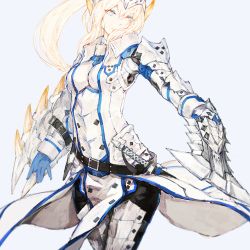 Rule 34 | 1girl, armor, barioth (armor), belt, blonde hair, blue eyes, breastplate, capcom, expressionless, gauntlets, greaves, holding, holding sword, holding weapon, knight, labombardier!, long hair, monster hunter (series), pauldrons, ponytail, shield, shoulder armor, solo, sword, weapon, wing collar