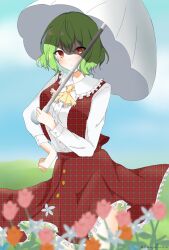 Rule 34 | 1girl, ascot, blurry, blurry foreground, closed mouth, green eyes, green hair, highres, holding, holding umbrella, kazami yuuka, looking at viewer, outdoors, plaid, plaid skirt, plaid vest, red eyes, red skirt, red vest, shirt, short hair, skirt, smile, solo, touhou, tuyu iro, umbrella, vest, white shirt, white umbrella, yellow ascot