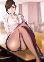 Rule 34 | 1girl, black skirt, blurry, blurry background, bra visible through clothes, breasts, brown eyes, brown hair, brown pantyhose, cleavage, closed mouth, collared shirt, crossed legs, depth of field, desk, dress shirt, dytm, highres, indoors, knees up, large breasts, long sleeves, looking at viewer, mature female, office lady, on desk, original, pantyhose, see-through, shirt, short hair, sitting, skirt, solo, white shirt