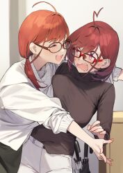 Rule 34 | 2girls, 92m, :d, ahoge, blush, closed eyes, earrings, glasses, hair intakes, highres, hug, indoors, jewelry, kinshi no ane (92m), looking at another, mother and daughter, multiple girls, open mouth, original, pants, pink eyes, sanako (92m), smile, sweatdrop, turtleneck, umbrella