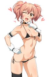 Rule 34 | 1girl, ;d, bikini, bow, breasts, chikuishi, front-tie top, gloves, hair bow, hand on own hip, heart, idolmaster, idolmaster cinderella girls, jougasaki mika, micro bikini, navel, one eye closed, open mouth, pink hair, shiny skin, side-tie bikini bottom, simple background, single thighhigh, skindentation, smile, solo, swimsuit, thighhighs, twintails, yellow eyes