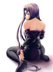 Rule 34 | 00s, 1girl, ass, bare shoulders, detached sleeves, dress, fate/stay night, fate (series), from behind, long hair, medusa (fate), medusa (rider) (fate), profile, purple eyes, purple hair, solo, square pupils, strapless, strapless dress, thighhighs, very long hair