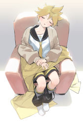 Rule 34 | 1boy, backlighting, bass clef, black leg warmers, black sailor collar, blanket, blonde hair, bloom, brown cardigan, cardigan, closed eyes, collarbone, commentary, from above, full body, hands on lap, highres, kagamine len, leg warmers, male focus, musical note, musical note print, naoko (naonocoto), necktie, own hands together, parted lips, sailor collar, shirt, shorts, sleeping, solo, spiked hair, vocaloid, white shirt, yellow necktie