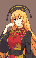 Rule 34 | 1girl, black dress, blonde hair, brown background, chinese clothes, commentary request, dress, fox print, highres, junko (touhou), kakone, long hair, long sleeves, neck ribbon, one-hour drawing challenge, phoenix crown, pom pom (clothes), red eyes, red tabard, ribbon, sash, simple background, solo, tabard, touhou, upper body, wide sleeves