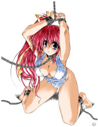 Rule 34 | 00s, 1girl, arms up, artist request, barefoot, bdsm, bondage, bound, bow, breasts, chain, cleavage, collar, comic party, kneeling, large breasts, long hair, ponytail, purple eyes, red hair, solo, takase mizuki, yellow bow
