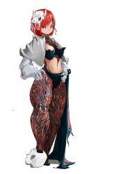 Rule 34 | 1girl, armor, breast tattoo, breasts, gauntlets, hands on own hips, highres, leg tattoo, looking at viewer, mask, medium breasts, midriff, navel, original, red eyes, red hair, short hair, shoulder armor, simple background, skull, skull mask, solo, standing, tattoo, thick thighs, thighs, white background, yaodelanmao