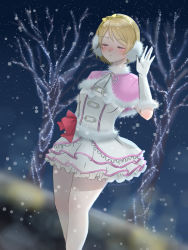 Rule 34 | 1girl, artist name, artist request, bare legs, blush, bow, brown hair, capelet, dress, earmuffs, elbow gloves, closed eyes, female focus, fur-trimmed dress, fur-trimmed gloves, fur collar, fur trim, gloves, hair between eyes, hairband, highres, koizumi hanayo, looking at viewer, love live!, love live! school idol project, night, night sky, outdoors, parted lips, pink bow, pom pom (clothes), red bow, runadesu (runadesu 0723), shirt, short hair, skirt, sky, smile, snow, snow halation, snowflakes, solo, white gloves, white shirt, white skirt, yellow bow, yellow hairband