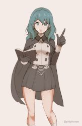 Rule 34 | 1girl, black cape, black gloves, blue eyes, blue hair, book, breasts, byleth (female) (fire emblem), byleth (fire emblem), cape, fire emblem, fire emblem: three houses, garreg mach monastery uniform, gloves, holding, holding book, long sleeves, medium breasts, nintendo, official alternate costume, open book, open mouth, phiphi-au-thon, simple background, solo, twitter username, uniform