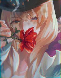 Rule 34 | 1boy, blonde hair, blue eyes, cavendish, close-up, collared coat, commentary, english commentary, flower, hair between eyes, hat, highres, holding, holding flower, long hair, looking at viewer, machida 0906, male focus, one piece, red flower, red rose, rose, solo