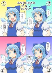 Rule 34 | 1girl, :3, :d, alternate breast size, blue eyes, blue hair, blush, bow, breasts, cirno, dress, flat chest, hair bow, highres, looking at viewer, medium breasts, mikazuki neko, multiple views, nervous smile, open mouth, partially translated, puffy short sleeves, puffy sleeves, ribbon, short hair, short sleeves, small breasts, smile, touhou, translation request, wings