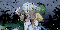 Rule 34 | 2girls, angry, aranara (genshin impact), arm up, blonde hair, blood, blood on face, closed eyes, cross-shaped pupils, dress, genshin impact, glowing, glowing eyes, gradient hair, green eyes, green hair, green sleeves, hair ornament, highres, leaf hair ornament, lumine (genshin impact), multicolored hair, multiple girls, nahida (genshin impact), pointy ears, reaching, reaching towards viewer, scratches, shaded face, short hair with long locks, side ponytail, sidelocks, symbol-shaped pupils, white dress, yodare (3yami8)