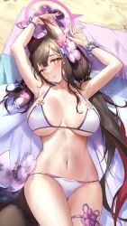 Rule 34 | 1girl, absurdres, animal ears, armpits, arms up, beach mat, bead bracelet, beads, bikini, black hair, blue archive, bra, bracelet, breasts, collarbone, flower, hair flower, hair ornament, halo, highres, jewelry, large breasts, long hair, looking at viewer, lying, mechanical halo, navel, official alternate costume, pdxen, sideboob, smile, solo, stomach, swimsuit, thighlet, underboob, underwear, wakamo (blue archive), wakamo (swimsuit) (blue archive), white bikini, white bra, yellow eyes