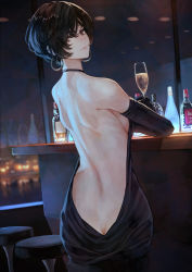 Rule 34 | 1girl, alcohol, alternate hairstyle, ass, back, backless dress, backless outfit, bare shoulders, black dress, black gloves, black hair, bottle, breasts, brown eyes, butt crack, champagne flute, cup, dress, drinking glass, earrings, elbow gloves, from behind, gloves, highres, jewelry, kaoming, light smile, looking at viewer, makeup, nijisanji, no bra, no panties, reflection, shirayuki tomoe, short hair, sideboob, sitting, sleeveless, sleeveless dress, solo, stool, virtual youtuber