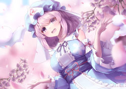 Rule 34 | 1girl, :d, absurdres, adapted costume, bare shoulders, breasts, cherry blossoms, cowboy shot, detached sleeves, dutch angle, eyes visible through hair, floral print, flower, from below, hands up, happy, hat, highres, hitodama, large breasts, long sleeves, medium hair, messiah &amp; crea, mob cap, open mouth, outdoors, pink eyes, pink hair, purple flower, saigyouji yuyuko, sleeves past elbows, smile, solo, sparkle, swept bangs, teeth, touhou, triangular headpiece, upper teeth only, wide sleeves