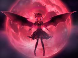 Rule 34 | 1girl, black hat, black pantyhose, black shirt, black skirt, black wings, bustier, closed mouth, full body, full moon, hair between eyes, hat, high heels, looking at viewer, medium skirt, moon, pantyhose, pumps, purple hair, red eyes, red footwear, red moon, remilia scarlet, shirt, short hair, short sleeves, skirt, smile, solo, sunnysideup, touhou, wings