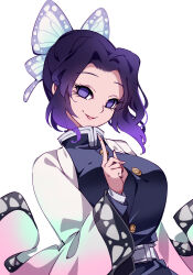 1girl belt black_shirt breasts butterfly_hair_ornament buttons commentary demon_slayer_uniform hair_ornament hand_up haori highres index_finger_raised japanese_clothes kimetsu_no_yaiba kochou_shinobu large_breasts long_sleeves looking_at_viewer mandarin_collar open_clothes open_mouth purple_eyes purple_hair raptor7 shirt short_hair simple_background smile solo symbol-only_commentary teeth upper_body white_background white_belt wide_sleeves