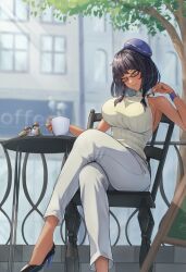 Rule 34 | 1girl, bare arms, bare shoulders, bird, black hair, blurry, blurry background, bracelet, breasts, building, chair, coffee, coffee mug, commentary request, commission, crossed legs, cup, dark-skinned female, dark skin, day, foot out of frame, halterneck, hat, high heels, highres, impossible clothes, jewelry, large breasts, legs, long hair, mug, on chair, one eye closed, orange eyes, original, outdoors, pants, playing with own hair, ring hair ornament, ropi (yyuichi29), sideboob, sitting, skeb commission, sleeveless, sleeveless turtleneck, smile, solo, sparrow, steam, table, toe cleavage, tree, turtleneck