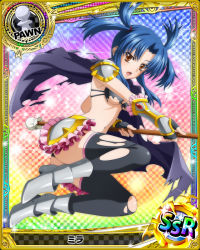 Rule 34 | 10s, 1girl, artist request, black thighhighs, blue hair, cape, card (medium), character name, chess piece, fingerless gloves, gloves, high school dxd, mira (high school dxd), official art, orange eyes, pawn (chess), solo, sparkle, staff, thighhighs, torn clothes, torn thighhighs, trading card