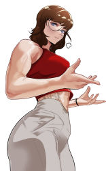 Rule 34 | absurdres, bare shoulders, blue eyes, bracelet, brown hair, datli64, glasses, highres, jewelry, leanbeefpatty, mole, muscular, muscular female, original, pants, photo-referenced, real life, red tank top, simple background, sweatdrop, tank top, tattoo, white background