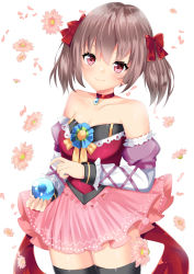 Rule 34 | 1girl, bare shoulders, black thighhighs, blush, bow, brown hair, choker, closed mouth, collarbone, commentary request, detached sleeves, flower, hair between eyes, hair bow, highres, holding, layered sleeves, long sleeves, misaki (misaki86), original, petals, pink flower, pink skirt, pleated skirt, puffy short sleeves, puffy sleeves, purple sleeves, red bow, red choker, red eyes, red shirt, shirt, short over long sleeves, short sleeves, simple background, skirt, smile, solo, strapless, thighhighs, twintails, white background, white sleeves