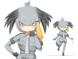 Rule 34 | 1girl, belt, bird tail, bird wings, black gloves, black hair, blush, breasts, closed mouth, collared shirt, commentary request, feathered wings, full body, gloves, grey belt, grey hair, grey necktie, grey pantyhose, grey shirt, grey shorts, hair between eyes, hand on own chin, head wings, kemono friends, lets0020, long hair, looking at viewer, medium breasts, multicolored hair, multiple views, necktie, open mouth, pantyhose, shirt, shoebill (kemono friends), shorts, simple background, slit pupils, smile, tail, white background, wings, yellow eyes