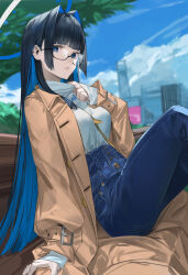 Rule 34 | 1girl, bare shoulders, bench, black-framed eyewear, black hair, blazpu, blue eyes, blue hair, blue pants, blue sky, breasts, brown jacket, colored inner hair, denim, earrings, glasses, hair intakes, halo, head tilt, high-waist pants, highres, hololive, hololive english, jacket, jeans, jewelry, large breasts, long hair, long sleeves, looking at viewer, multicolored hair, official alternate costume, open clothes, open jacket, ouro kronii, pants, parted lips, semi-rimless eyewear, sitting, sky, solo, sweater, thighs, tree, turtleneck, turtleneck sweater, two-tone hair, under-rim eyewear, virtual youtuber, white sweater