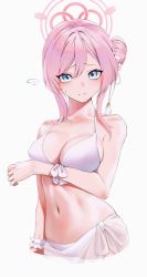 Rule 34 | 1girl, absurdres, arm under breasts, bikini, bikini skirt, blue archive, blue eyes, breast press, breasts, cleavage, halo, highres, kazane-wind, looking at viewer, medium breasts, mimori (blue archive), mimori (swimsuit) (blue archive), navel, nervous, pink hair, skirt, solo, swimsuit