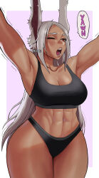 Rule 34 | 1girl, abs, armpits, arms up, artist name, black bra, black panties, black sports bra, boku no hero academia, bra, breasts, cleavage, collarbone, curvy, gud0c, highres, large breasts, long hair, looking at viewer, mirko, muscular, muscular female, navel, one eye closed, open mouth, panties, rabbit ears, rabbit girl, red eyes, simple background, skindentation, solo, speech bubble, sports bra, stomach, thick thighs, thighs, underwear, white hair, wide hips, yawning
