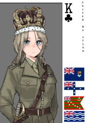 Rule 34 | 1girl, arms behind back, belt, blonde hair, blue eyes, brown belt, coat, collared shirt, crown, green coat, green necktie, green shirt, hearts of iron, highres, kaiserreich, king (playing card), king of clubs, medium hair, military, military uniform, necktie, pzkpfwi, shirt, solo, sword, uniform, union jack, weapon