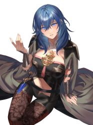 Rule 34 | 1girl, absurdres, arm support, armlet, arms up, blue hair, breasts, byleth (female) (fire emblem), byleth (fire emblem), fire emblem, fire emblem: three houses, fire emblem heroes, highres, large breasts, looking at viewer, navel, nintendo, pantyhose, pantyhose under shorts, short shorts, shorts, simple background, sitting, solo, toho10min, white background