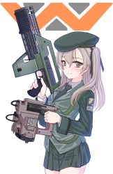 Rule 34 | 10s, 1girl, alien (series), aliens (1986), assault rifle, bad id, bad pixiv id, beret, black hat, black jacket, black necktie, black ribbon, black skirt, brown eyes, caseless firearm, closed mouth, colonial marine, commentary request, dress shirt, dual wielding, electronic firearm, emblem, girls und panzer, grenade launcher, gun, hair ribbon, hat, highres, holding, holding gun, holding weapon, jacket, light brown hair, logo, long hair, long sleeves, looking at viewer, m314 motion tracker, m41a pulse rifle, military, military hat, military uniform, miniskirt, multiple-barrel firearm, necktie, petag2, pleated skirt, pump-action grenade launcher, pump action, ribbon, rifle, science fiction, selection university military uniform, shimada arisu, shirt, side ponytail, simple background, skirt, smile, solo, standing, trigger discipline, u1 grenade launcher, underbarrel grenade launcher, uniform, upper body, weapon, weyland-yutani, white background, white shirt