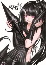 Rule 34 | 1girl, :d, architect (girls&#039; frontline), asymmetrical clothes, belt, black hair, blunt bangs, breasts, character name, cleavage, collarbone, girls&#039; frontline, hair ornament, infukun, long hair, looking at viewer, medium breasts, nail polish, name connection, object namesake, open mouth, pink eyes, pink nails, ringed eyes, rocket, rocket launcher, rpg (girls frontline), rpg (weapon), sangvis ferri, side ponytail, side slit, simple background, smile, solo, striped, vertical stripes, very long hair, weapon