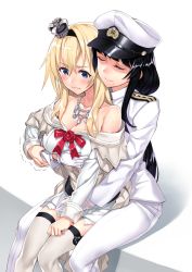 Rule 34 | 10s, 2girls, bare shoulders, black hair, blonde hair, blue eyes, blush, breasts, cleavage, crown, dress, closed eyes, female admiral (kancolle), gloves, hairband, hat, highres, hug, hug from behind, jewelry, kantai collection, large breasts, long hair, matsuryuu, military, military uniform, mini crown, mole, mole under mouth, multiple girls, naval uniform, necklace, off shoulder, peaked cap, revision, sitting, sweatdrop, thighhighs, uniform, warspite (kancolle), wavy mouth, white gloves, white legwear, yuri, zettai ryouiki