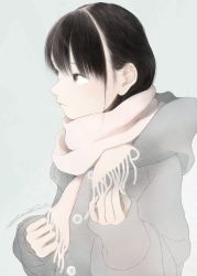 Rule 34 | 1girl, black eyes, black hair, coat, grey background, grey coat, highres, junito715, looking to the side, original, scarf, short hair, signature, simple background, solo, upper body, white scarf