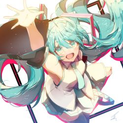 Rule 34 | 1girl, :o, aqua eyes, aqua hair, armpits, bare shoulders, black thighhighs, detached sleeves, floating hair, from above, hatsune miku, headphones, headset, long hair, looking at viewer, necktie, open mouth, reaching, reaching towards viewer, saihate (d3), skirt, sleeveless, solo, thighhighs, twintails, very long hair, vocaloid, wide sleeves