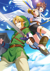 Rule 34 | 2boys, absurdres, ass, blonde hair, blue eyes, bracer, brown hair, bulge, earrings, fang, feathers, gauntlets, grin, highres, holding sword, jewelry, kid icarus, lens flare, link, male focus, multiple boys, nintendo, open mouth, pit (kid icarus), pointy ears, sandals, shield, smile, super smash bros., sword, the legend of zelda, tubumi, tunic, weapon, wings