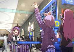 Rule 34 | 3girls, airport, arm up, black bow, black bowtie, blurry, blurry background, blush, bow, bow hairband, bowtie, breasts, buttons, buwonte, cable knit, closed mouth, collared shirt, commentary, crazy raccoon, crossed arms, english commentary, hair ornament, hairband, headphones, highres, hololive, indoors, long hair, long sleeves, medium breasts, multiple girls, nijisanji, nijisanji kr, nun bora, nun bora (2nd costume), open mouth, people, pink hair, plaid, plaid skirt, plant, pleated skirt, purple hair, purple sweater, pushcart, selly55, shirt, short hair, skirt, stanchion, suitcase, sweater, tearing up, tears, tokoyami towa, virtual youtuber, waving, white shirt, wiping tears, x hair ornament