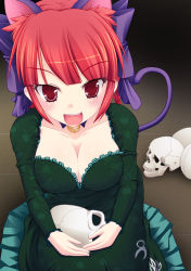 Rule 34 | 1girl, absurdres, adapted costume, animal ears, braid, breasts, cat ears, cat girl, cat tail, cleavage, extra ears, fangs, female focus, highres, kaenbyou rin, large breasts, long hair, mutenka, open mouth, red eyes, red hair, skull, solo, tail, touhou, twin braids, twintails