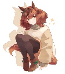 Rule 34 | 1girl, ahoge, animal ears, arm support, bad id, bad twitter id, black legwear, boots, bow, brown eyes, brown hair, closed mouth, commentary request, ear bow, eyes visible through hair, footwear bow, green bow, hair between eyes, hair tie, hand on own knee, head tilt, high heel boots, high heels, horse ears, horse girl, horse tail, light blush, looking at viewer, medium hair, nice nature (umamusume), on floor, oversized clothes, pleated skirt, shadow, shakemi (sake mgmgmg), simple background, skirt, solo, star (symbol), tail, twintails, umamusume, white background