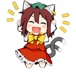 Rule 34 | 1girl, :d, ^ ^, animal ears, arms up, brown hair, cat ears, cat tail, chen, chibi, closed eyes, earrings, facing viewer, fang, green hat, hat, jewelry, kuroneko (kuroi-neko), long sleeves, multiple tails, nekomata, open mouth, short hair, simple background, single earring, smile, solo, tail, touhou, two tails, white background