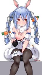 Rule 34 | ..., 1girl, absurdres, animal ears, baileys (tranquillity650), bare shoulders, between legs, black bra, black gloves, black pantyhose, blonde hair, blush, bra, bra pull, braid, breasts, carrot hair ornament, clothes pull, detached sleeves, don-chan (usada pekora), dress, dress pull, embarrassed, facing viewer, food-themed hair ornament, fur-trimmed dress, fur-trimmed gloves, fur trim, gloves, hair between eyes, hair ornament, hand between legs, hand up, highres, hololive, knees together feet apart, long hair, looking away, multicolored hair, nipples, orange eyes, pantyhose, pom pom (clothes), pulled by self, rabbit ears, rabbit girl, sitting, small breasts, solo, thighs, twin braids, twintails, two-tone hair, underwear, usada pekora, usada pekora (1st costume), very long hair, virtual youtuber, wavy mouth, white dress, white hair, yellow eyes