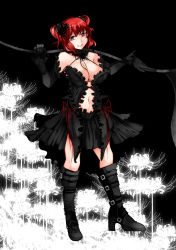 Rule 34 | 1girl, alternate costume, aoshima, bare shoulders, black footwear, black gloves, boots, breasts, choker, cleavage, darkness, elbow gloves, flower, frills, gloves, gothic lolita, hair bobbles, hair flower, hair ornament, highres, large breasts, lips, lolita fashion, looking at viewer, midriff, navel, onozuka komachi, red eyes, red hair, revealing clothes, ribbon, scythe, shirt, skirt, smile, spider lily, touhou, twintails, two side up, white flower, white spider lily