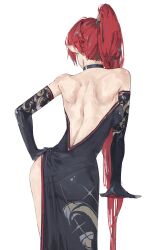 Rule 34 | 1girl, absurdres, ass, back, bare shoulders, choker, dress, elbow gloves, gloves, hand on own hip, high ponytail, highres, long hair, monmon (sleepymonmon), pointy ears, ponytail, red hair, simple background, solo, white background, wuthering waves, yinlin (wuthering waves)