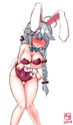 Rule 34 | 1girl, ahoge, alternate costume, animal ears, aqua bow, aqua bowtie, artist logo, black ribbon, blush, bow, bowtie, braid, breasts, cleavage, collarbone, covered navel, dated, detached collar, embarrassed, fake animal ears, grey hair, hair over eyes, hair ribbon, hamanami (kancolle), highres, kanon (kurogane knights), kantai collection, knees together feet apart, leaning forward, legs together, leotard, long hair, medium breasts, nose blush, playboy bunny, purple leotard, rabbit ears, rabbit tail, ribbon, simple background, single braid, solo, standing, strapless, strapless leotard, tail, thigh gap, white background, wrist cuffs