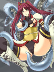 Rule 34 | 1girl, bad id, bad pixiv id, boots, bottomless, breasts, cameltoe, large breasts, red hair, sasana, solo, spread legs, tentacles, thighhighs, torn clothes, twintails