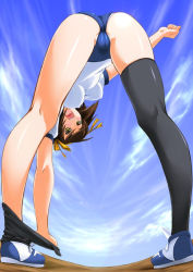Rule 34 | 00s, 1girl, adjusting clothes, adjusting legwear, ass, bent over, between legs, black thighhighs, blush, brown eyes, brown hair, buruma, cameltoe, clenched hand, cloud, day, fisheye, from behind, from below, gym uniform, hands reach floor, kneepits, kuon (break through), kyuuen, pussy, lens flare, looking back, looking down, looking up, open mouth, panty slip, pussy, raised fist, shoes, sky, sneakers, sock pull, solo, suzumiya haruhi, suzumiya haruhi no yuuutsu, thighhighs, trefoil, view between legs